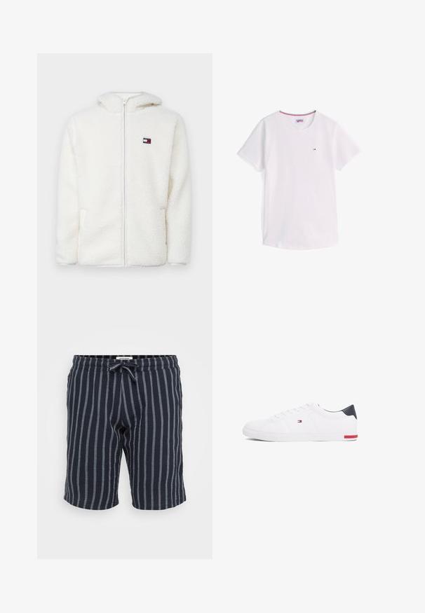 Sêda branca com fecho éclair, com uma textura suave, apresentando capuz e bolsos laterais. Pequeno logótipo no lado esquerdo do peito. Fecho éclair suave.; T-shirt branca de manga curta com decote redondo e pequeno logótipo Tommy Hilfiger no peito, com acabamento em vermelho, branco e azul no interior da gola.; Bermudas listradas em azul marinho feitas de um tecido leve, com um cós elástico e cordão de ajuste, apresentando listras verticais em azul claro.; Sapatilhas brancas de cano baixo feitas de couro liso. Apresentam um bico azul-marinho e um detalhe vermelho na sola. Seis ilhoses para os atacadores.