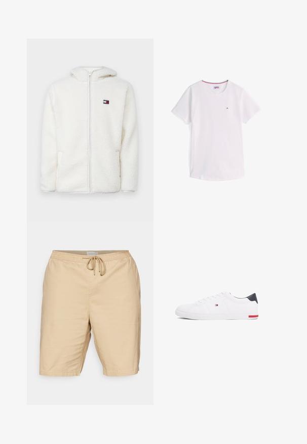 White fleece zip-up hoodie with a soft texture, featuring a hood and side pockets. Small logo on the left chest. Smooth zip closure.; White short-sleeve crew neck T-shirt with small Tommy Hilfiger logo on chest and red, white, and blue trim inside collar.; Light beige shorts made of fabric with a smooth texture, featuring an elastic waistband and drawstring, and side pockets.; White low-top sneakers made of smooth leather. Features a navy heel cap and a red accent on the sole. Six eyelets for laces.