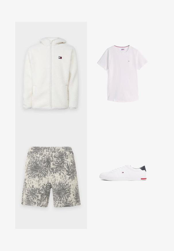 Fehér bolyhos zipzáras kapucnis pulóver, puha tapintással, kapucnival és oldalsó zsebekkel. Kis logó a bal mellen. Sima zipzáras záródás.; Fehér rövid ujjú, kerek nyakú póló kis Tommy Hilfiger logóval a mellkason, piros, fehér és kék szegéllyel a nyak belső részén.; Krém és fekete színű kötött rövidnadrág, textúrával és absztrakt mintával. A rugalmas derékpánt komfortot és könnyű viselhetőséget biztosít.; Fehér alacsony szárú sneaker sima bőrből. Tengerészkék sarokvédővel és piros díszítéssel a talpon. Hat fűzőlyuk a fűzők számára.