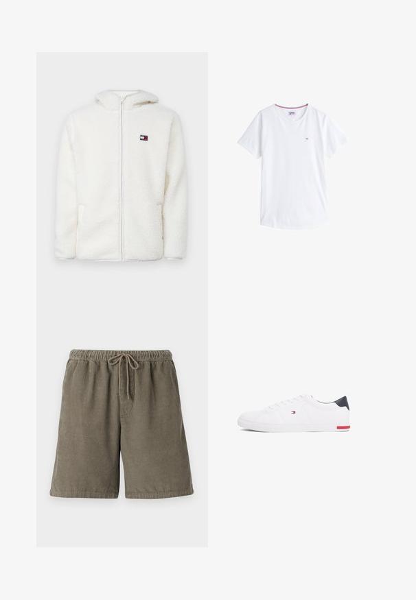 Fehér bolyhos zipzáras kapucnis pulóver, puha tapintással, kapucnival és oldalsó zsebekkel. Kis logó a bal mellen. Sima zipzáras záródás.; Fehér pamut póló kerek nyakkal, rövid ujjakkal, és egy kis hímzett logóval a bal mellen. A nyakrészen kontrasztos színű díszítés található.; Olajzöld pamut kordbársony rövidnadrág texturált függőleges csíkokkal, rugalmas derékpánttal és állítható zsinórral a kényelem érdekében.; Fehér alacsony szárú sneaker sima bőrből. Tengerészkék sarokvédővel és piros díszítéssel a talpon. Hat fűzőlyuk a fűzők számára.
