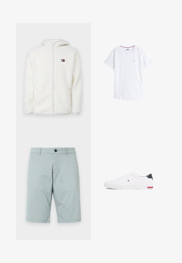 Felpa bianca con zip in pile, dal texture morbido, con cappuccio e tasche laterali. Piccolo logo sul lato sinistro del petto. Chiusura a zip liscia.; T-shirt bianco in cotone con collo rotondo, maniche corte e un piccolo logo ricamato sul petto sinistro. Presenta un bordo colorato a contrasto sul collo.; Pantaloni corti azzurro chiaro realizzati in tessuto liscio con frontale piatto, due tasche laterali e chiusura a un bottone. Design pulito e sartoriale.; Sneakers bianchi a punta bassa realizzati in pelle liscia. Presentano una tomaia blu navy sul tallone e un accento rosso sulla suola. Sei occhielli per i lacci.