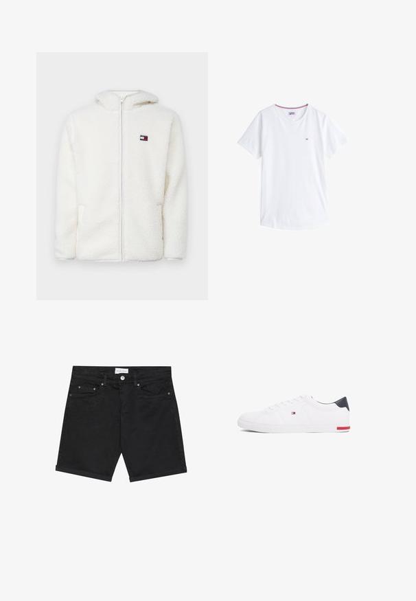 Balta pūkų zip-up gobtuvu, su minkšta tekstūra, turinčiu gobtuvą ir šonines kišenes. Mažas logotipas kairėje krūtinės pusėje. Lygus užtrauktukas.; Balta medvilninė marškinėliai su apykakle, trumpomis rankovėmis ir nedideliu siuvinėtu logotipu kairiajame krūtinės pusėje. Yra kontrastingos spalvos apdaila apykaklėje.; Juodi džinsiniai šortai klasikinio kirpimo, su mygtukų uždarymu, penkiomis kišenėmis ir suktomis apykaklėmis. Lygus audinys su subtiliais rašto akcentais.; Balti žemi kedai, pagaminti iš lygios odos. Yra tamsiai mėlynas kulno užsegimas ir raudona detalė ant pado. Šešios skylutės raišteliams.
