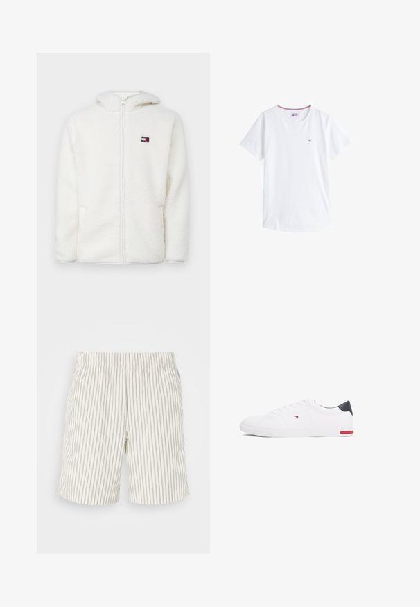 Hvid fleece zip-up hættejakke med en blød tekstur, der har en hætte og sidelommer. Lille logo på venstre bryst. Glat lynlås lukning.; Hvid bomulds T-shirt med rund hals, korte ærmer og et lille broderet logo på venstre bryst. Har kontrastfarvet kant ved halsudskæringen.; Stribede shorts i et let og åndbart stof. Farven er off-white med tynde, lodrette grå striber. Elastisk talje.; Hvide low-top sneakers lavet af glat læder. Har en marineblå hælkappe og en rød detalje på sålen. Seks snørehuller.