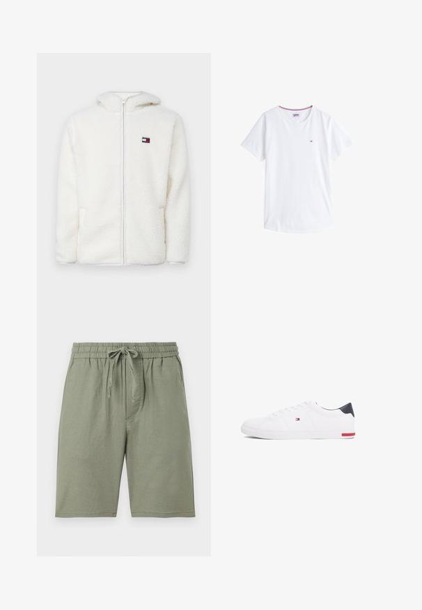 Valkoinen fleece-zip-up-huppari pehmeällä tekstuurilla, jossa on huppu ja sivutaskut. Pieni logo vasemmassa rinnassa. Sujuva vetoketjusulku.; Valkoinen puuvillainen t-paita, jossa on pyöreä pääntie, lyhyet hihat ja pieni brodeerattu logo vasemmassa rinnassa. Pääntien väri on kontrastivärinen.; Vaaleanvihreät puuvillahousut, joissa on joustava vyötärönauha ja säädettävä nauha. Ominaisuuksiin kuuluu sivutaskut ja polven mittainen leikkaus.; Valkoiset matalat tennarit, joissa on sileä nahka. Ominaisuuksiin kuuluu laivastonsininen kantapää ja punainen yksityiskohta pohjassa. Kuusi reikää nauhoille.