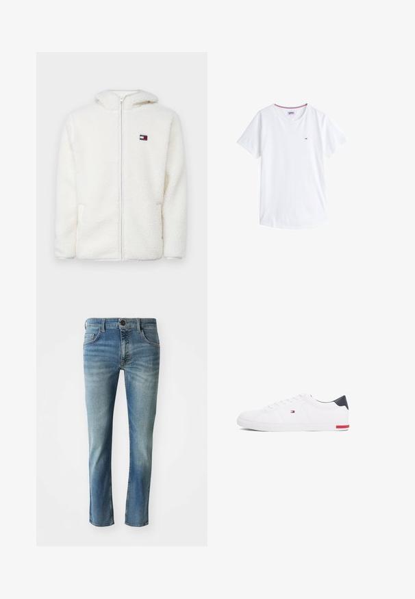 White fleece zip-up hoodie with a soft texture, featuring a hood and side pockets. Small logo on the left chest. Smooth zip closure.; White cotton t-shirt with a crew neck, short sleeves, and a small embroidered logo on the left chest. Features contrasting colored trim at neckline.; Light blue denim jeans with a straight cut, slightly faded legs, five-pocket design, and a button closure at the waist.; White low-top sneakers made of smooth leather. Features a navy heel cap and a red accent on the sole. Six eyelets for laces.