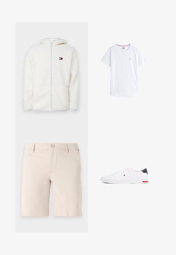 Bijela dukserica sa patentnim zatvaračem od flisa s mekom teksturom, koja ima kapuljaču i bočne džepove. Mali logo na lijevoj strani prsnog koša. Glatko zatvaranje s patentnim zatvaračem.; Bijela pamučna majica s kratkim rukavima i okruglim izrezom, s malim izvezenim logotipom na lijevoj strani prsnog koša. Ima kontrastni rub oko izreza.; Bež kratke hlače od glatkog materijala; sastoje se od kopčanja na dugme, petlji za remen i jednostavnog prednjeg dizajna s ravnim donjim dijelovima.; Bijele niske tenisice od glatke kože. Imaju mornarsko plavi kapica na peti i crvenu akciju na potplatu. Šest rupica za vezivanje.