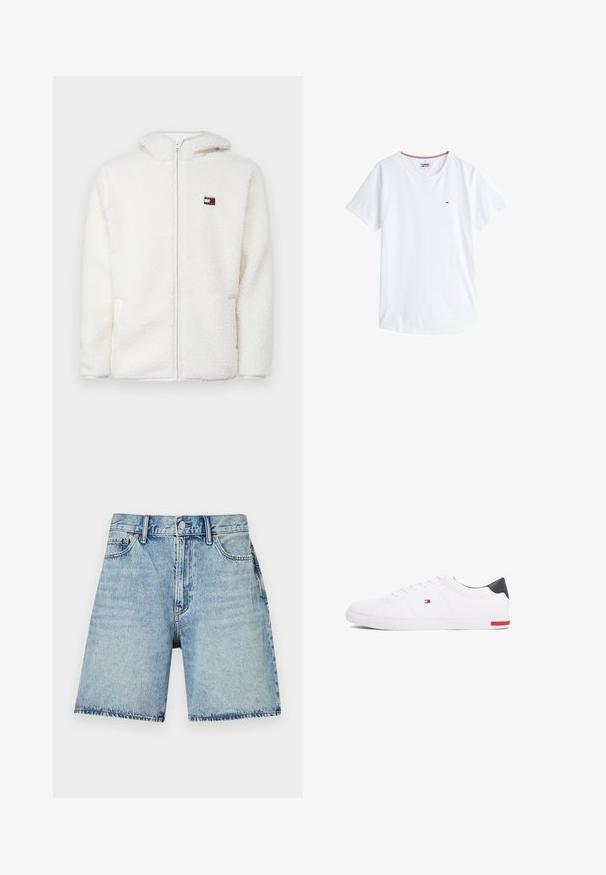 Sweat à capuche zippé en polaire blanche avec une texture douce, doté d'une capuche et de poches latérales. Petit logo sur la poitrine gauche. Fermeture éclair lisse.; T-shirt en coton blanc avec un col rond, des manches courtes et un petit logo brodé sur la poitrine gauche. Présente des bordures de couleur contrastée au niveau du col.; Shorts en denim bleu clair à coupe droite, avec cinq poches et des coutures visibles. Fermeture à boutons à l'avant.; Baskets basses blanches en cuir lisse. Dotées d'un talon en bleu marine et d'un accent rouge sur la semelle. Six œillets pour les lacets.