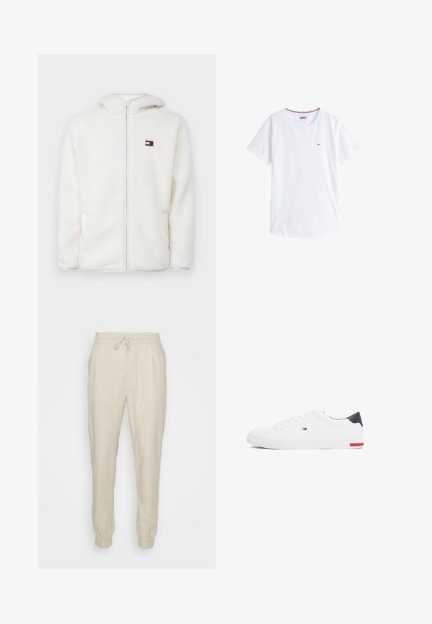 White fleece zip-up hoodie with a soft texture, featuring a hood and side pockets. Small logo on the left chest. Smooth zip closure.; White cotton t-shirt with a crew neck, short sleeves, and a small embroidered logo on the left chest. Features contrasting colored trim at neckline.; Beige linen joggers with an elastic waistband and adjustable drawstring, featuring elastic cuffs and a relaxed fit. Smooth texture.; White low-top sneakers made of smooth leather. Features a navy heel cap and a red accent on the sole. Six eyelets for laces.