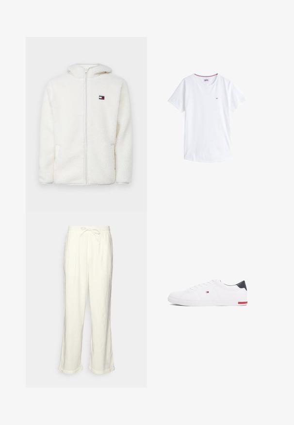 Weißer Fleece-Zip-Hoodie mit weicher Textur, ausgestattet mit einer Kapuze und seitlichen Taschen. Kleines Logo auf der linken Brust. Glatte Reißverschlussöffnung.; Weißes Baumwoll-T-Shirt mit Rundhalsausschnitt, kurzen Ärmeln und einem kleinen gestickten Logo auf der linken Brust. Verfügt über kontrastfarbigen Saum am Ausschnitt.; Leinenhose in Off-White mit einem Bund zum Kordelziehen, leicht weitem Bein und umgeschlagenen Säumen für eine entspannte Passform. Keine Taschen.; Weißes Low-Top-Sneaker aus glattem Leder. Mit einem marineblauen Fersenstück und einem roten Akzent an der Sohle. Sechs Ösen für die Schnürsenkel.