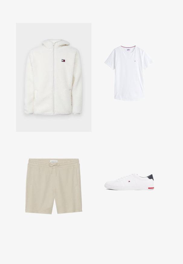 Hvit fleece zip-up hettejakke med myk tekstur, har hette og sidelommer. Liten logo på venstre bryst. Glatt glidelås-lukking.; Hvit bomull t-skjorte med rund hals, korte ermer og en liten brodert logo på venstre bryst. Har kontrastfarget kanting i halsen.; Kahki-fargede shorts laget av myk stoff, med snor i livet, to sidelommer og en avslappet passform.; Hvite lave sneakers laget av glatt lær. Har en marineblå hælhette og en rød detalj på sålen. Seks hull til lisser.