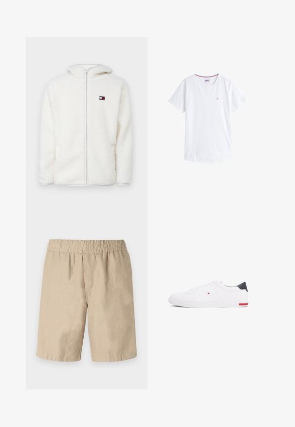 Biely fleecový zipsový mikina s jemnou textúrou, s kapucňou a bočnými vreckami. Malé logo na ľavej hrudi. Hladký zipsový uzáver.; Biely bavlnený tričko s okrúhlym výstrihom, krátkymi rukávmi a malým vyšívaným logom na ľavej strane hrude. Obsahuje kontrastný farebný lem na výstrihu.; Béžové bavlnené šortky s elastickým pásom, majú voľný strih a hladkú textúru. Bez viditeľných vreciek alebo vzorov.; Biele nízkoprevádzkové tenisky vyrobené z hladkej kože. Majú námornícke zadočnú časť a červený akcent na podrážke. Šesť dierok na šnúrky.