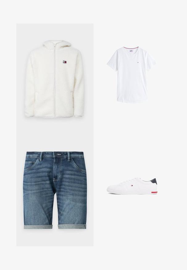 Balta pūkų zip-up gobtuvu, su minkšta tekstūra, turinčiu gobtuvą ir šonines kišenes. Mažas logotipas kairėje krūtinės pusėje. Lygus užtrauktukas.; Balta medvilninė marškinėliai su apykakle, trumpomis rankovėmis ir nedideliu siuvinėtu logotipu kairiajame krūtinės pusėje. Yra kontrastingos spalvos apdaila apykaklėje.; Tamsiai mėlynos džinsinės šortai su subtiliu išblukimu. Pasižymi suktomis užbaigomis, penkių kišenių dizainu ir priekiniais sagčių užsegimais.; Balti žemi kedai, pagaminti iš lygios odos. Yra tamsiai mėlynas kulno užsegimas ir raudona detalė ant pado. Šešios skylutės raišteliams.