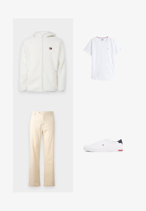 Witte fleece zip-up hoodie met een zachte textuur, voorzien van een capuchon en zijzakken. Klein logo op de linkerkant van de borst. Glad rits sluiting.; Witte katoenen t-shirt met een ronde hals, korte mouwen en een klein geborduurd logo op de linkerborst. Bevat contrasterend gekleurde afwerking bij de halslijn.; Beige katoenen broek met een rechte pasvorm, ritssluiting en knoopsluiting. Schoon ontwerp zonder zichtbare patronen of hardwareaccenten.; Witte lage sneakers gemaakt van glad leer. Beschikt over een marineblauwe hielkap en een rode accent op de zool. Zes oogjes voor veters.