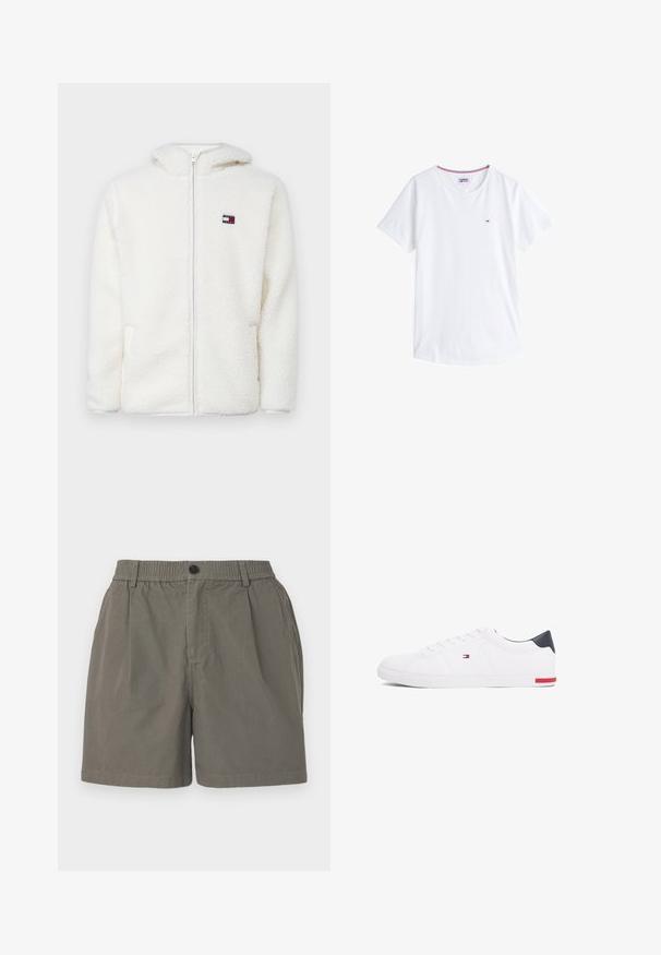 Hvid fleece zip-up hættejakke med en blød tekstur, der har en hætte og sidelommer. Lille logo på venstre bryst. Glat lynlås lukning.; Hvid bomulds T-shirt med rund hals, korte ærmer og et lille broderet logo på venstre bryst. Har kontrastfarvet kant ved halsudskæringen.; Khaki shorts med elastisk talje, enkelt knaplukning og to sidelommer. Blødt, letvægtsstof med en glat tekstur.; Hvide low-top sneakers lavet af glat læder. Har en marineblå hælkappe og en rød detalje på sålen. Seks snørehuller.