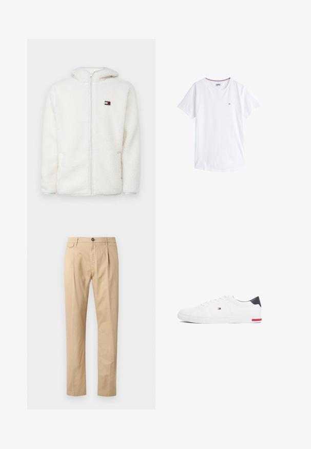 Biała polarowa bluza z zamkiem, o miękkiej fakturze, z kapturem i bocznymi kieszeniami. Małe logo na lewej piersi. Gładkie zapięcie na zamek.; Biała bawełniana koszulka z okrągłym dekoltem, krótkimi rękawami oraz małym haftowanym logo na lewej piersi. Posiada kontrastowe wykończenie dekoltu.; Beżowe męskie spodnie bawełniane o prostym kroju, z przednimi kieszeniami, szlufkami na pasek, zapięciem na guzik i suwakiem na białym tle.; Białe niskie tenisówki wykonane z gładkiej skóry. Posiadają granatowy zapiętek i czerwony akcent na podeszwie. Sześć oczek na sznurowadła.