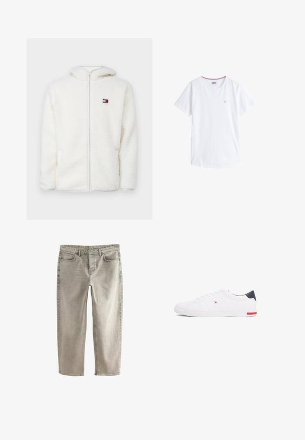 Balta pūkų zip-up gobtuvu, su minkšta tekstūra, turinčiu gobtuvą ir šonines kišenes. Mažas logotipas kairėje krūtinės pusėje. Lygus užtrauktukas.; Balta medvilninė marškinėliai su apykakle, trumpomis rankovėmis ir nedideliu siuvinėtu logotipu kairiajame krūtinės pusėje. Yra kontrastingos spalvos apdaila apykaklėje.; Šviesiai pilki džinsai su tiesaus kirpimo dizainu, penkiomis kišenėmis ir siuvinėjimo akcentais. Turi standartinį juosmens diržą ir užtrauktuką.; Balti žemi kedai, pagaminti iš lygios odos. Yra tamsiai mėlynas kulno užsegimas ir raudona detalė ant pado. Šešios skylutės raišteliams.
