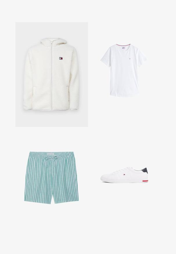 Felpa bianca con zip in pile, dal texture morbido, con cappuccio e tasche laterali. Piccolo logo sul lato sinistro del petto. Chiusura a zip liscia.; T-shirt bianco in cotone con collo rotondo, maniche corte e un piccolo logo ricamato sul petto sinistro. Presenta un bordo colorato a contrasto sul collo.; Costume da bagno a strisce verde chiaro e bianco. Presenta una vita elastica, chiusura con cordino e tasche laterali. Realizzato in tessuto leggero.; Sneakers bianchi a punta bassa realizzati in pelle liscia. Presentano una tomaia blu navy sul tallone e un accento rosso sulla suola. Sei occhielli per i lacci.