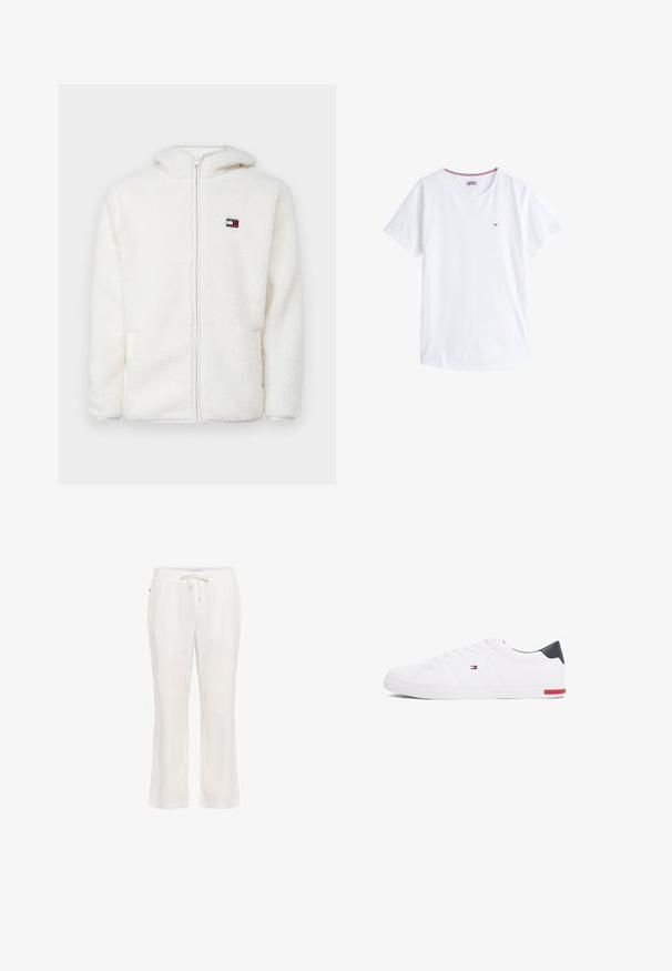 Hanorac alb din fleece, cu fermoar, având o textură moale, cu glugă și buzunare laterale. Logo mic pe pieptul stâng. Închidere cu fermoar neted.; Tricou alb din bumbac, cu gât rotund, mâneci scurte și un mic logo brodat pe partea stângă a pieptului. Are margini de culoare contrastantă la gât.; Pantaloni din in alb, ușori, cu talie elastică și șnur de ajustare. Design cu picioare drepte, textură netedă și fără modele notabile.; Adidași albi cu vârf jos, din piele netedă. Prezintă un toc albastru marine și un accent roșu pe talpă. Șase gauri pentru șireturi.