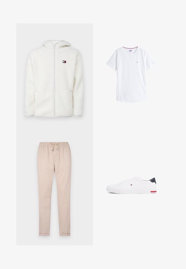 Bijela dukserica sa patentnim zatvaračem od flisa s mekom teksturom, koja ima kapuljaču i bočne džepove. Mali logo na lijevoj strani prsnog koša. Glatko zatvaranje s patentnim zatvaračem.; Bijela pamučna majica s kratkim rukavima i okruglim izrezom, s malim izvezenim logotipom na lijevoj strani prsnog koša. Ima kontrastni rub oko izreza.; Svijetlosmeđe hlače od mekog materijala, sa elastičnom waistbandom i špagom, suženih nogavica i manžetama.; Bijele niske tenisice od glatke kože. Imaju mornarsko plavi kapica na peti i crvenu akciju na potplatu. Šest rupica za vezivanje.