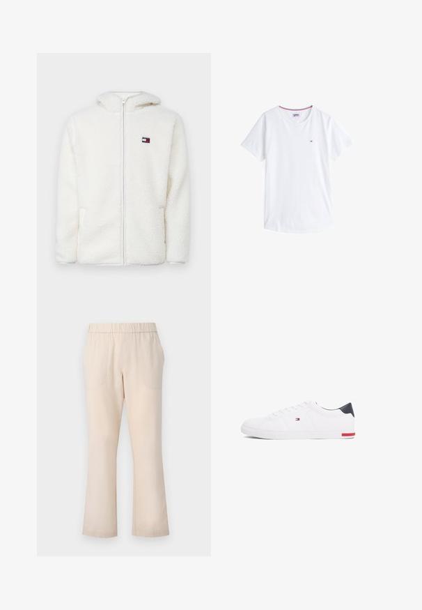 Biała polarowa bluza z zamkiem, o miękkiej fakturze, z kapturem i bocznymi kieszeniami. Małe logo na lewej piersi. Gładkie zapięcie na zamek.; Biała bawełniana koszulka z okrągłym dekoltem, krótkimi rękawami oraz małym haftowanym logo na lewej piersi. Posiada kontrastowe wykończenie dekoltu.; Beżowe spodnie typu dzwony z elastycznym pasem, dwoma przednimi kieszeniami i gładką bawełnianą teksturą. Brak widocznych wzorów i elementów metalowych.; Białe niskie tenisówki wykonane z gładkiej skóry. Posiadają granatowy zapiętek i czerwony akcent na podeszwie. Sześć oczek na sznurowadła.