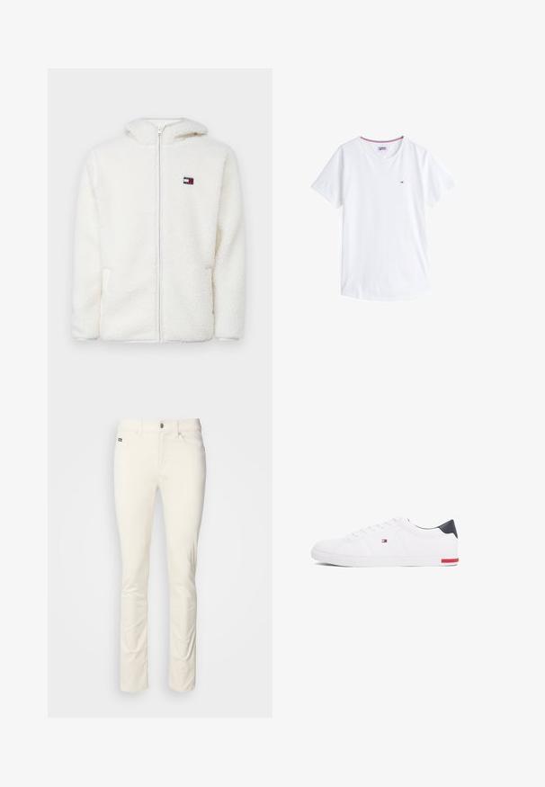 Bijela dukserica sa patentnim zatvaračem od flisa s mekom teksturom, koja ima kapuljaču i bočne džepove. Mali logo na lijevoj strani prsnog koša. Glatko zatvaranje s patentnim zatvaračem.; Bijela pamučna majica s kratkim rukavima i okruglim izrezom, s malim izvezenim logotipom na lijevoj strani prsnog koša. Ima kontrastni rub oko izreza.; Bijele hlače ravnog kroja izrađene od glatkog pamuka. Imaju zatvaranje na dugme, petlje za remen i prednje džepove. Minimalistički dizajn bez uzoraka.; Bijele niske tenisice od glatke kože. Imaju mornarsko plavi kapica na peti i crvenu akciju na potplatu. Šest rupica za vezivanje.