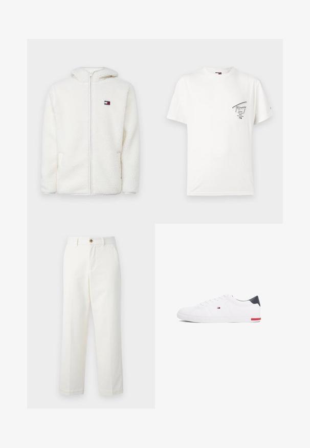 Sêda branca com fecho éclair, com uma textura suave, apresentando capuz e bolsos laterais. Pequeno logótipo no lado esquerdo do peito. Fecho éclair suave.; T-shirt branca de algodão com decote redondo. Apresenta uma estampa gráfica preta no lado esquerdo do peito com texto e um pequeno detalhe de logótipo.; Calças brancas corte reto feitas de algodão, com bolsos frontais e fecho com botão na cintura. Textura suave.; Sapatilhas brancas de cano baixo feitas de couro liso. Apresentam um bico azul-marinho e um detalhe vermelho na sola. Seis ilhoses para os atacadores.