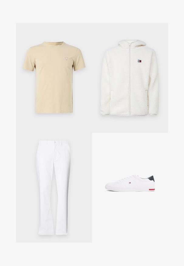 Bijela dukserica sa patentnim zatvaračem od flisa s mekom teksturom, koja ima kapuljaču i bočne džepove. Mali logo na lijevoj strani prsnog koša. Glatko zatvaranje s patentnim zatvaračem.; Bež majica od pamuka s okruglim izrezom, kratkim rukavima i malim crvenim trokutastim logom na lijevoj strani prsnog dijela. Jednostavan dizajn, mekana tekstura.; Bijele pamučne hlače ravnog kroja, s prednjim džepovima, jednim gumbom za zatvaranje i glatkom teksturom.; Bijele niske tenisice od glatke kože. Imaju mornarsko plavi kapica na peti i crvenu akciju na potplatu. Šest rupica za vezivanje.