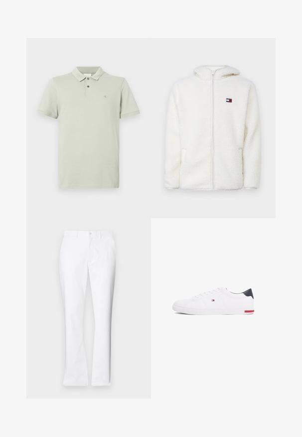 Valkoinen fleece-zip-up-huppari pehmeällä tekstuurilla, jossa on huppu ja sivutaskut. Pieni logo vasemmassa rinnassa. Sujuva vetoketjusulku.; Vihreä golfpaita, joka on valmistettu pehmeästä kankaasta. Paidassa on klassinen kaulus, kaksinappinen avaus, lyhyet hihat ja pieni logo rinnassa.; Valkoiset puuvillahousut suoralla lahkeella, etutaskuilla, yhdessä napilla suljettuna ja sileällä pinnalla.; Valkoiset matalat tennarit, joissa on sileä nahka. Ominaisuuksiin kuuluu laivastonsininen kantapää ja punainen yksityiskohta pohjassa. Kuusi reikää nauhoille.