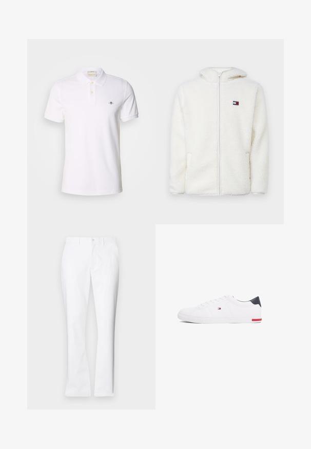Hanorac alb din fleece, cu fermoar, având o textură moale, cu glugă și buzunare laterale. Logo mic pe pieptul stâng. Închidere cu fermoar neted.; Cămașă polo albă din țesătură de bumbac, având o plachetă cu două butoane, mâneci scurte cu manșete rulate și un mic logo brodat pe piept.; Pantaloni albi din bumbac cu un design drept, buzunare frontale, închidere cu un singur buton și o textură netedă.; Adidași albi cu vârf jos, din piele netedă. Prezintă un toc albastru marine și un accent roșu pe talpă. Șase gauri pentru șireturi.