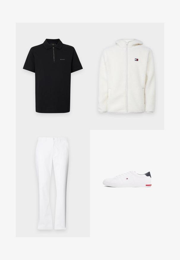 Biely fleecový zipsový mikina s jemnou textúrou, s kapucňou a bočnými vreckami. Malé logo na ľavej hrudi. Hladký zipsový uzáver.; Čierne polo tričko so zipsom pri golieri, krátkymi rukávmi a jemným logom "BELSTAFF" na hrudi. Vyrobené z hladkej tkaniny.; Biele bavlnené nohavice so strihom rovného nohavice, prednými vreckami, jednom gombíkovým zapínaním a hladkou textúrou.; Biele nízkoprevádzkové tenisky vyrobené z hladkej kože. Majú námornícke zadočnú časť a červený akcent na podrážke. Šesť dierok na šnúrky.