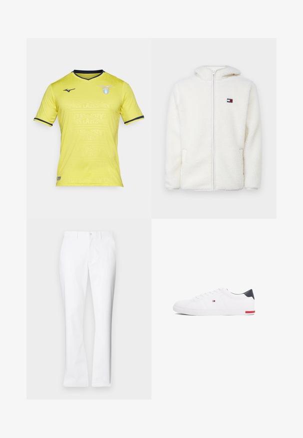 Balts vilnas rāvējslēdzēja kapu, kas ir mīksta un patīkama tekstūra, ar kapuci un sānu kabatām. Mazs logo kreisajā krūtīs. Gluda rāvējslēdzēja aizdare.; Dzeltena īsām piedurknēm futbolbikses krekls ar V veida kakla izgriezumu, ar smalku rakstu un tumši ziliem akcentiem. SS Lazio logo kreisajā krūtī.; Baltas kokvilnas bikses ar taisnu kāju dizainu, priekšējām kabatām, vienu pogu aizdari un gludu tekstūru.; Baltas zemu topu sporta apavus, kas izgatavoti no gludas ādas. Satura tumši zilu papēža daļu un sarkanu akcentu uz zoles. Seši caurumi šņorēm.