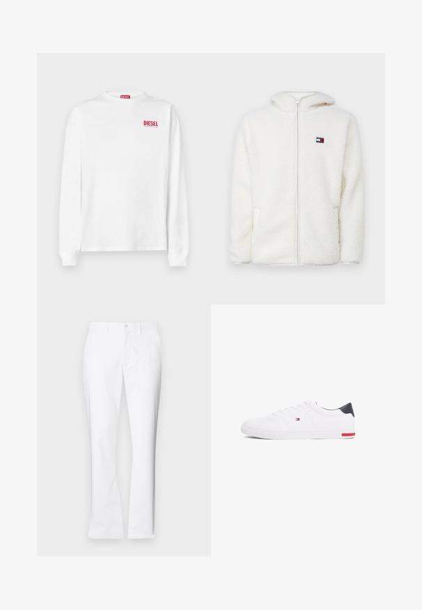 Hanorac alb din fleece, cu fermoar, având o textură moale, cu glugă și buzunare laterale. Logo mic pe pieptul stâng. Închidere cu fermoar neted.; Cămașă albă din bumbac cu mânecă lungă, având un logo roșu "DIESEL" pe partea superioară stângă a pieptului. Gât rotund simplu și croială standard.; Pantaloni albi din bumbac cu un design drept, buzunare frontale, închidere cu un singur buton și o textură netedă.; Adidași albi cu vârf jos, din piele netedă. Prezintă un toc albastru marine și un accent roșu pe talpă. Șase gauri pentru șireturi.