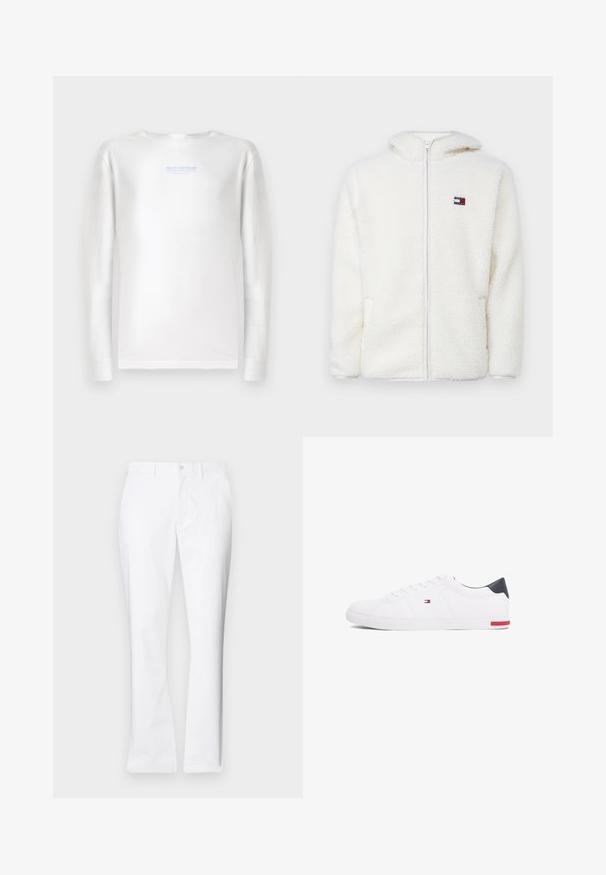 White fleece zip-up hoodie with a soft texture, featuring a hood and side pockets. Small logo on the left chest. Smooth zip closure.; TOM TAILOR DENIM Long sleeved top - white; White cotton trousers with a straight-leg design, front pockets, a single button closure, and a smooth texture.; White low-top sneakers made of smooth leather. Features a navy heel cap and a red accent on the sole. Six eyelets for laces.