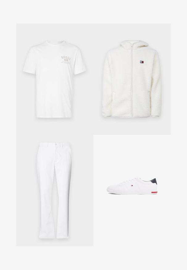 Bílá fleecová mikina na zip s měkkou texturou, obsahující kapuci a postranní kapsy. Malé logo na levém prsu. Hladký zip.; Bílá bavlněná tričko s krátkým rukávem. Na hrudi se nachází béžový tištěný logo "GUESS 1981" a text "CLASSIC DESIGN LOS ANGELES, CA".; Bílé bavlněné kalhoty s rovnými nohavicemi, předními kapsami, jednoduchým zapínáním na knoflík a hladkým povrchem.; Bílé nízké tenisky vyrobené z hladké kůže. Mají tmavě modrý opatek a červený akcent na podrážce. Šest ok pro tkaničky.