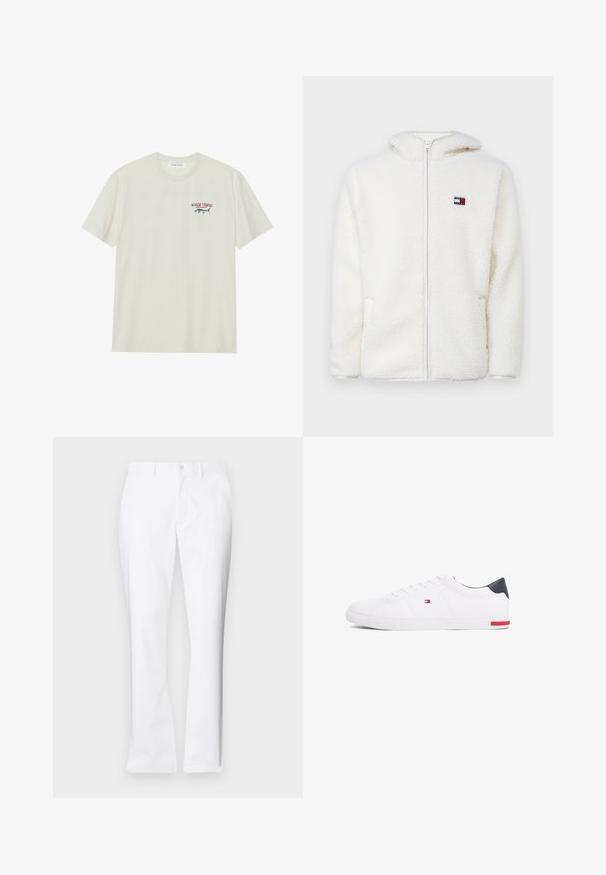 Hvit fleece zip-up hettejakke med myk tekstur, har hette og sidelommer. Liten logo på venstre bryst. Glatt glidelås-lukking.; Lys kremfarget bomull T-skjorte med korte ermer. Har et lite blått og rødt grafisk motiv av en marlin og teksten "MARLIN TROPHY".; Hvite bomullsbukser med rett ben-design, frontlommer, enkelt knappelukking og en jevn tekstur.; Hvite lave sneakers laget av glatt lær. Har en marineblå hælhette og en rød detalj på sålen. Seks hull til lisser.