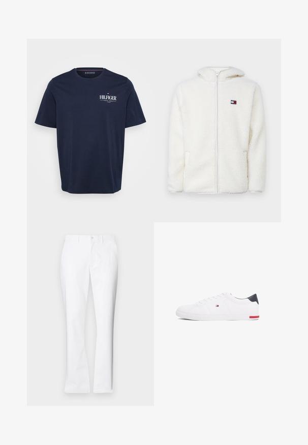 Biely fleecový zipsový mikina s jemnou textúrou, s kapucňou a bočnými vreckami. Malé logo na ľavej hrudi. Hladký zipsový uzáver.; Námornícky modré bavlnené tričko s krátkymi rukávmi, okrúhlym výstrihom a bielym logom "HILFIGER" na ľavej strane hrude. Jednoduchý, jednokolorový dizajn.; Biele bavlnené nohavice so strihom rovného nohavice, prednými vreckami, jednom gombíkovým zapínaním a hladkou textúrou.; Biele nízkoprevádzkové tenisky vyrobené z hladkej kože. Majú námornícke zadočnú časť a červený akcent na podrážke. Šesť dierok na šnúrky.