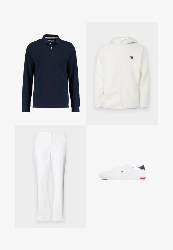 Felpa bianca con zip in pile, dal texture morbido, con cappuccio e tasche laterali. Piccolo logo sul lato sinistro del petto. Chiusura a zip liscia.; Polo a maniche lunghe blu navy in cotone, con colletto classico, apertura a due bottoni e una texture liscia.; Pantaloni di cotone bianchi con un design a gamba dritta, tasche frontali, chiusura con un bottone e una texture liscia.; Sneakers bianchi a punta bassa realizzati in pelle liscia. Presentano una tomaia blu navy sul tallone e un accento rosso sulla suola. Sei occhielli per i lacci.