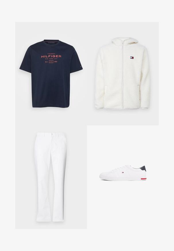 Witte fleece zip-up hoodie met een zachte textuur, voorzien van een capuchon en zijzakken. Klein logo op de linkerkant van de borst. Glad rits sluiting.; Marineblauwe katoenen t-shirt met ronde hals, korte mouwen en een grafische print in rode tekst met de tekst "TOMMY HILFIGER NEW YORK CITY."; Witte katoenen broek met een recht model, voorkwasten, een enkele knoopsluiting en een gladde textuur.; Witte lage sneakers gemaakt van glad leer. Beschikt over een marineblauwe hielkap en een rode accent op de zool. Zes oogjes voor veters.