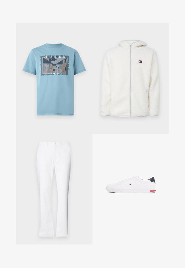 Balts vilnas rāvējslēdzēja kapu, kas ir mīksta un patīkama tekstūra, ar kapuci un sānu kabatām. Mazs logo kreisajā krūtīs. Gluda rāvējslēdzēja aizdare.; Gaiši zils kokvilnas T-krekls ar taisnstūra grafisko dizainu, kas satur ģeometriskas formas un tekstu "GUESS LOS ANGELES". Īsas piedurknes un apaļa kakla izgriezums.; Baltas kokvilnas bikses ar taisnu kāju dizainu, priekšējām kabatām, vienu pogu aizdari un gludu tekstūru.; Baltas zemu topu sporta apavus, kas izgatavoti no gludas ādas. Satura tumši zilu papēža daļu un sarkanu akcentu uz zoles. Seši caurumi šņorēm.