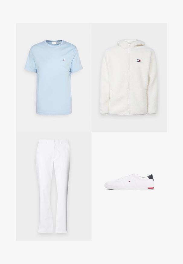 Sudadera con cremallera blanca de felpa, con una textura suave, que cuenta con una capucha y bolsillos laterales. Pequeño logo en el lado izquierdo del pecho. Cierre de cremallera suave.; Camiseta de algodón azul claro con cuello redondo, mangas cortas y un pequeño logotipo bordado en el pecho. Textura suave, ajuste estándar.; Pantalones de algodón blancos con un diseño de pierna recta, bolsillos frontales, un cierre de botón único y una textura suave.; Zapatillas bajas blancas de piel suave. Presentan una capucha en el talón de color marino y un acento rojo en la suela. Seis ojales para los cordones.