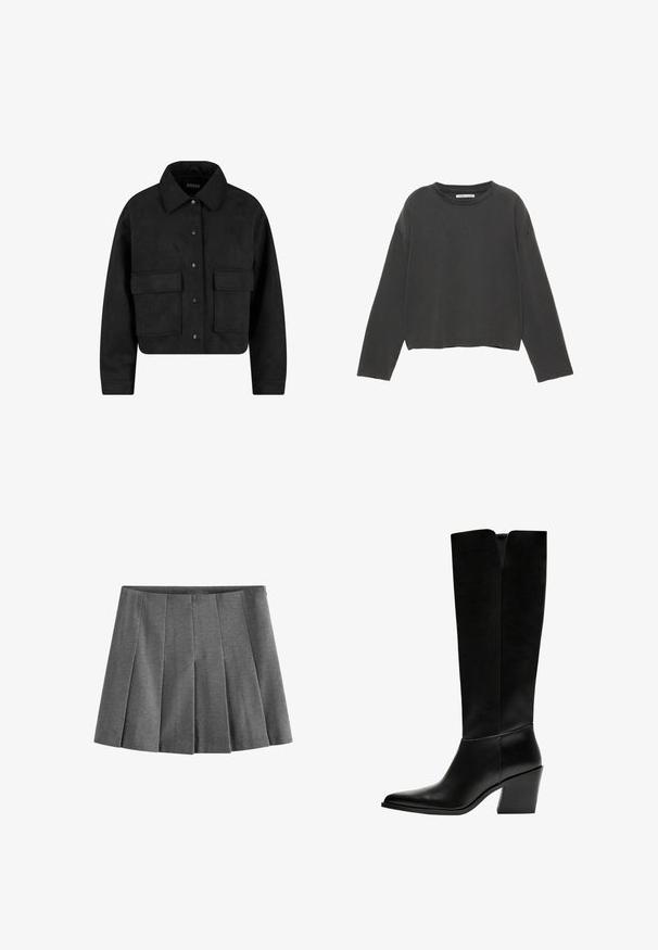 Veste noire courte avec un col, fabriquée en tissu doux. Elle présente deux poches avant et des boutons-pression noirs pour la fermeture.; T-shirt noir à manches longues cropped en coton doux. Présente un col rond et des coutures visibles le long des coutures.; Jupe plissée grise en tissu doux, avec des plis en forme de couteau espacés uniformément et une ceinture pour un ajustement parfait.; Bottes noires montantes en cuir lisse, avec un bout pointu, un talon bloc et une découpe en V en haut.