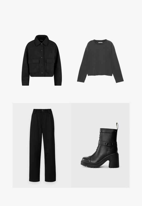 Čierna skrátená bunda s golierom, vyrobená z jemnej látky. Má dve predné vrecká a čierne patentky na zapínanie.; Čierne skrátené tričko s dlhým rukávom vyrobené z mäkkého bavlneného materiálu. Má okrúhly výstrih a viditeľné stehy pozdĺž švov.; Čierne široké nohavice s textúrovaným pásom, so zapínaním na prednom gombíku a dvoma bočnými vreckami. Hladká tkanina a prispôsobený strih.; Čierne kožené členkové topánky s masívnym vysokým podpätkom, bočnými prackami a ozdobnými klinčekmi pozdĺž predného švu. Textúrovaná gumená podrážka.