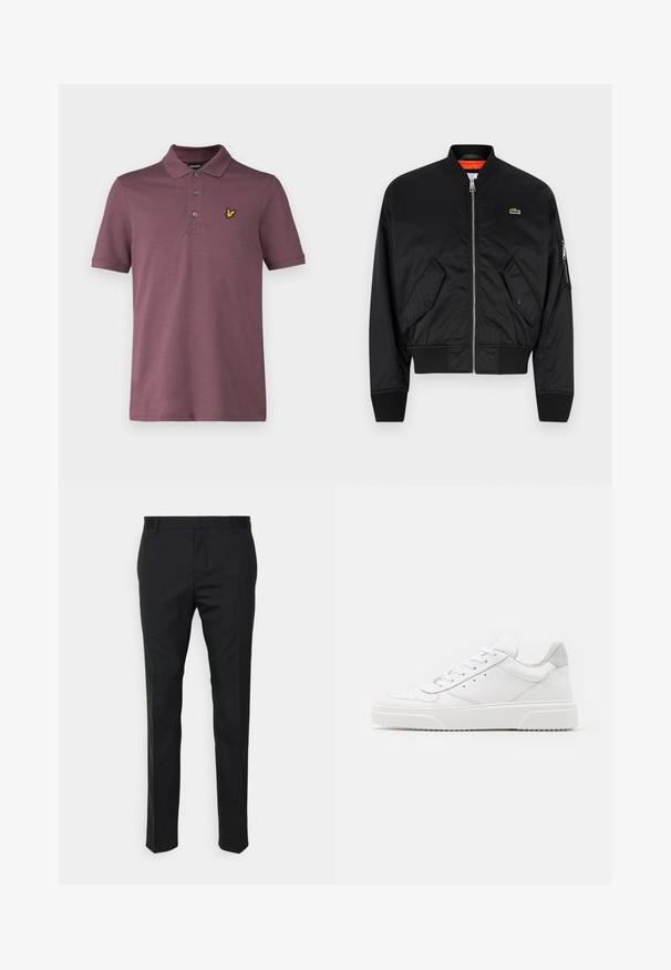 Lacoste Bomberjacks - black; Zwarte katoenen sweatshirt met lange mouwen en een ronde hals. Voorzien van een klein geel adelaarslogo op de borst. Zachte textuur.; Lyle & Scott Poloshirt - highland mauve; Zwarte op maat gemaakte broeken met een rechte pasvorm, gemaakt van gladde stof. Beschikt over riemlussen en een plooi-detail aan de voorkant.; Witte leren sneakers met een gladde afwerking, ronde neus, platte veters en een gestructureerde zool. Grijze suède accent bij de hiel.