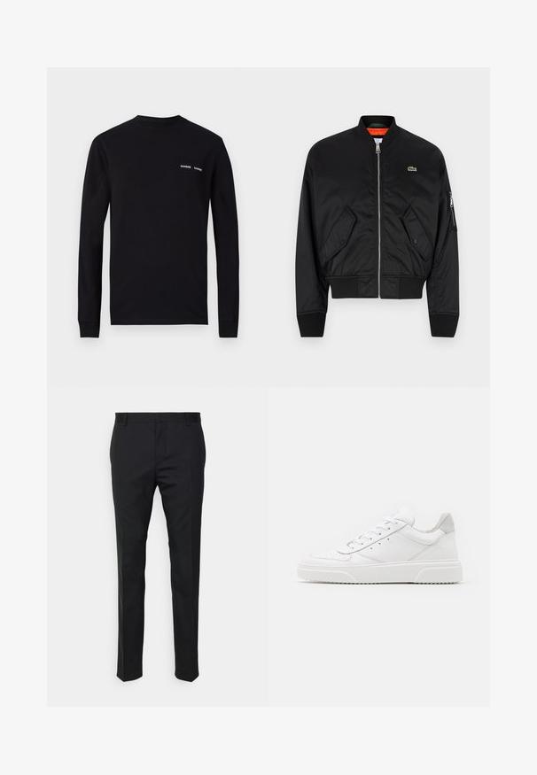 Lacoste Bomber tipa jaka - black; Melnas kokvilnas sporta krekls ar garām piedurknēm un apaļu apkakli. Uz krūšu daļas ir neliels dzeltenais ērglis logotips. Mīksta tekstūra.; Melns garo piedurkņu T-krekls, kas izgatavots no kokvilnas, ar apaļu kakla izgriezumu un diviem baltajiem "SAMSØE" logo drukājumiem kreisajā krūšu zonā.; Melnas pielāgotas bikses ar taisnu piegriezumu, izgatavotas no gludas auduma. Satur jostas cilpas un krokas detaļu gar priekšpusi.; Baltie ādas sporta apavi ar gludu virsmu, noapaļotu purngalu, plakaniem šņorēm un reljefa zoli. Pelēks zamšādas akcenti pie papēža.