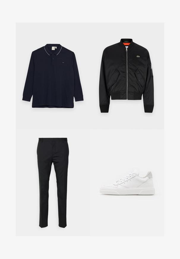 Lacoste Bombera - black; Čierna bavlnená mikina s dlhými rukávmi a okrúhlym výstrihom. Obsahuje malú žltú orlovú nášivku na hrudi. Mäkká textúra.; Dlhý rukáv námornícky pólový tričko z bavlny, s bielym lemovaným golierom, trojbuttonovým zapínaním a malým logom na hrudníku.; Čierne nohavice s rovnými nohavicami, vyrobené z hladkej tkaniny. Majú pútka na opasok a záhyby na prednej strane.; Biele kožené tenisky s hladkým povrchom, zaoblenou špičkou, plochými šnúrkami a textúrovanou podrážkou. Sivý semišový akcent na päte.