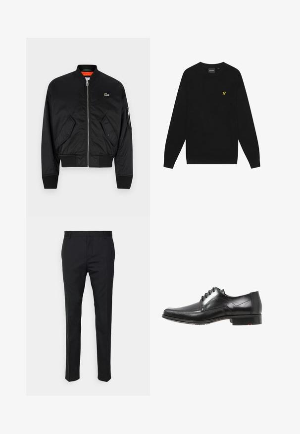 Lacoste Blouson Bomber - black; Sweatshirt en coton noir avec des manches longues et un col rond. Présente un petit logo d'aigle jaune sur la poitrine. Texture douce.; Pantalon noir ajusté avec une coupe droite, fabriqué en tissu lisse. Comprend des passants de ceinture et un pli au niveau du devant.; Chaussure habillée en cuir noir au fini lissé. Dispose d'un bout rond, d'un système de laçage et de subtils accents de couture. Talon bas.