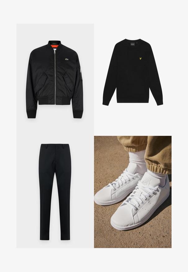 Lacoste Bomber tipa jaka - black; Melnas kokvilnas sporta krekls ar garām piedurknēm un apaļu apkakli. Uz krūšu daļas ir neliels dzeltenais ērglis logotips. Mīksta tekstūra.; Melnas vīriešu formālas bikses ar jostu cilpām, taisnu priekšpusi un taisniem kājām uz balta fona.; Baltas ādas sporta apavi ar gludu virsmu, ar klasisku šņorēšanas dizainu, ar perforējumiem gaisa caurlaidībai un teksturētu gumijas zoli.