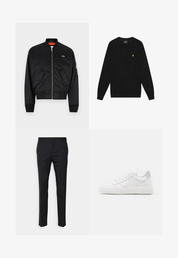 Lacoste Bomber jakna - black; Črna bombažna majica s dolgimi rokavi in okroglo ovratnikom. Ima majhen rumen orel logotip na prsih. Mehka tekstura.; Črne krojene hlače s ravnim krojem, izdelane iz gladkega materiala. Imajo zanke za pas in gubico spredaj.; Bele usnjene športne copate z gladkim zaključkom, okroglo konico, ravnimi vezalkami in teksturiranim podplatom. Sivi semiš detajl na peti.