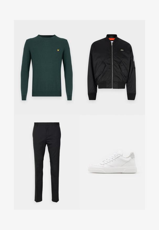 Lacoste Bombejakke - black; Mørkegrønn strikket genser med lange ermer, rund hals og en liten gul fuglelogo på brystet. Glatt tekstur, uten mønster.; Svarte skreddersydde bukser med rett passform, laget av glatt materiale. Har beltehemper og pressfolddetaljer foran.; Hvite skinnsko med en glat overflate, rund tå, flate lisser og teksturert såle. Grå semsket innfelt ved hælen.