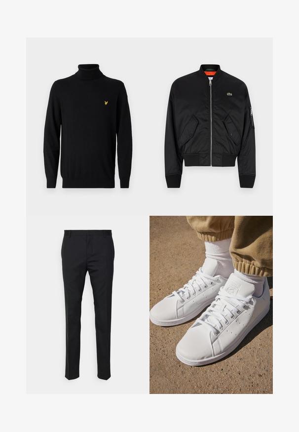 Lacoste Bomberjacke - black; Schwarzer Rollkragenpullover aus weichem Stoff, mit langen Ärmeln und einem kleinen gelben Logo auf der linken Brustseite. Flach gestrickte Textur.; Schwarze, taillierte Hose mit geradem Schnitt, aus glattem Stoff gefertigt. Verfügt über Gürtelschlaufen und eine Bügelfalte an der Vorderseite.; Weiße Leder-Sneaker mit einer glatten Oberfläche, klassischem Schnürdesign, Perforationen für Atmungsaktivität und einer strukturierten Gummisohle.